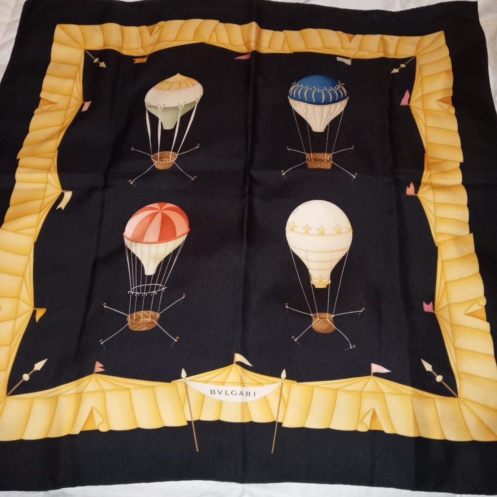 Bulgari Black Silk Scarf with Yellow Border and Multicolor Hot Air Balloons